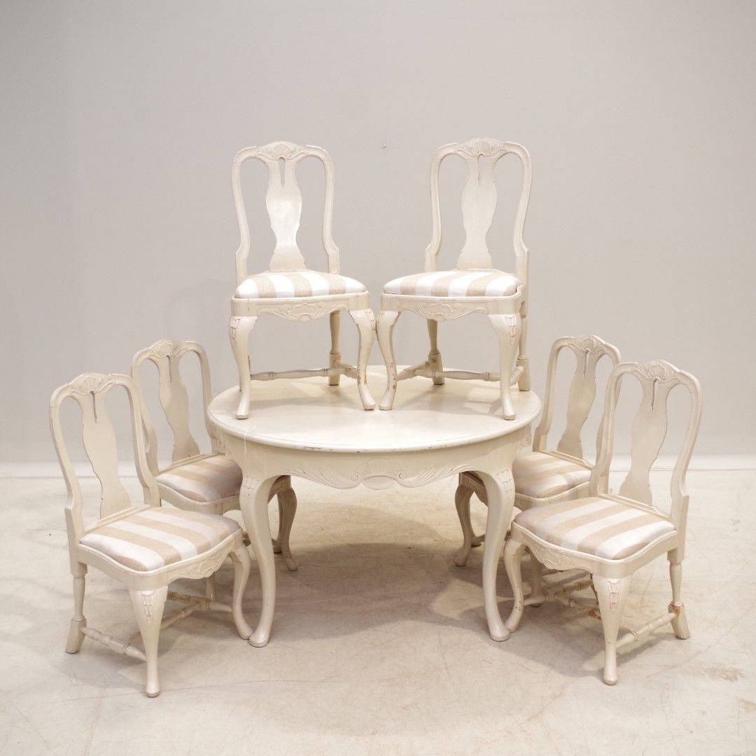 MATSALSMÖBEL Rokoko stil, bord + 6 stolar, bord går att förlänga, 3st iläggsskiva ingår. 